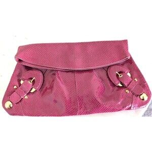 Raspberry Pink Snake Embossed Foldover Clutch w/ Gold Buckles